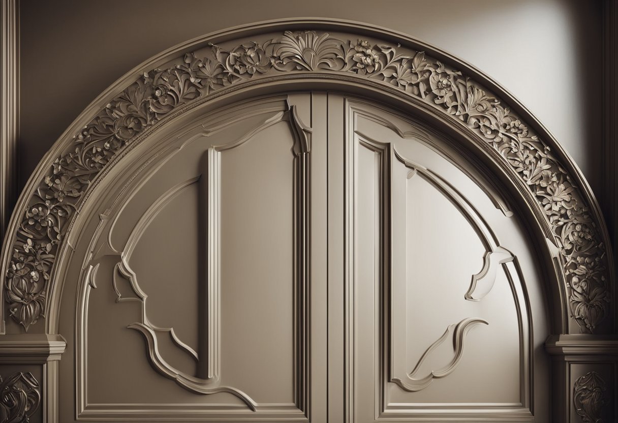 A kitchen door arch is being adorned with intricate detailing and accessories, adding a touch of elegance and style to the overall design
