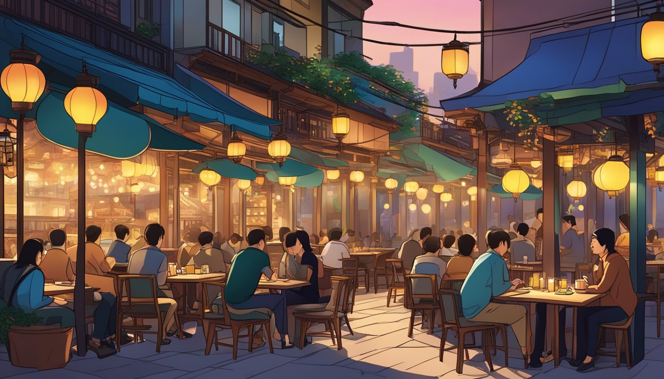 Colorful restaurants line Far East Square, with bustling outdoor seating and lanterns illuminating the night