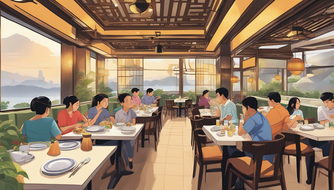 Diners enjoy a variety of Asian cuisine at Far East Square's bustling restaurants. The aroma of sizzling dishes fills the air as patrons sample culinary delights from different regions