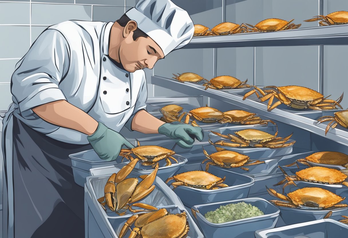 A chef cleans and prepares fresh blue crabs before placing them in the freezer