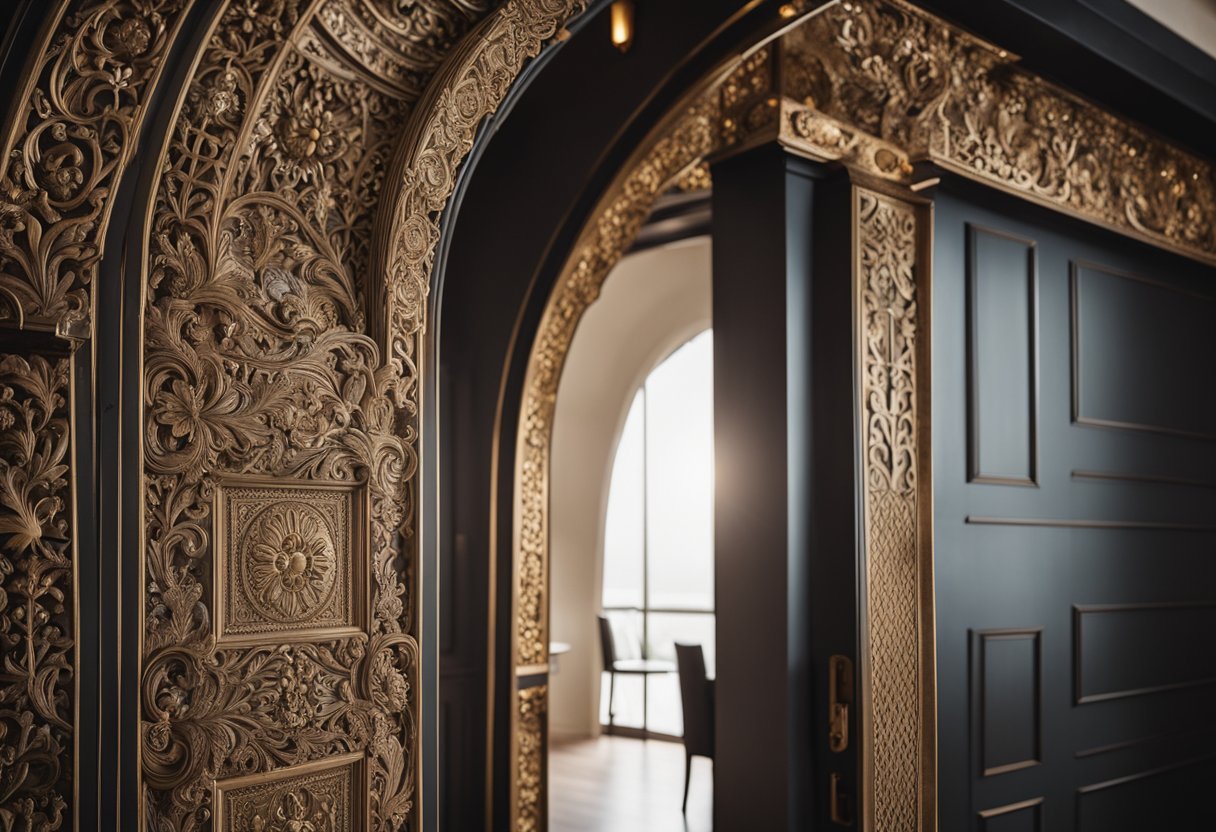 The kitchen door arch design features intricate patterns and ornate carvings, creating a grand and elegant entrance