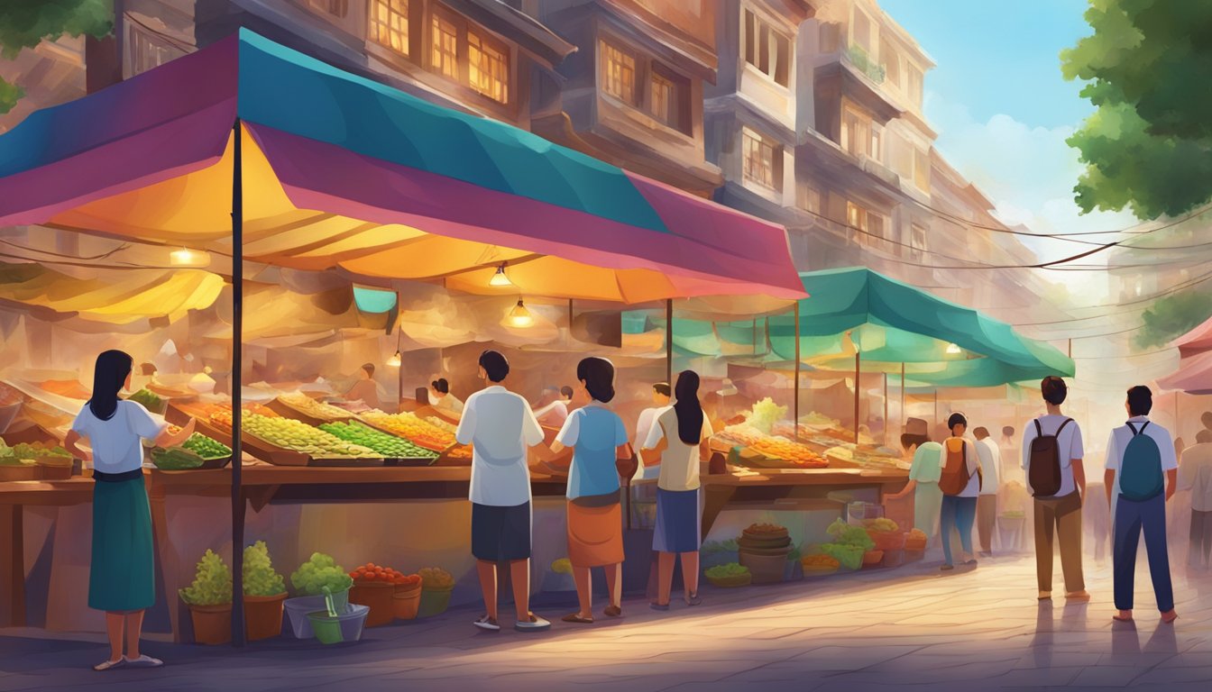 A bustling street lined with colorful food stalls, emitting tantalizing aromas. Customers eagerly sample exotic dishes while vendors skillfully prepare their culinary delights