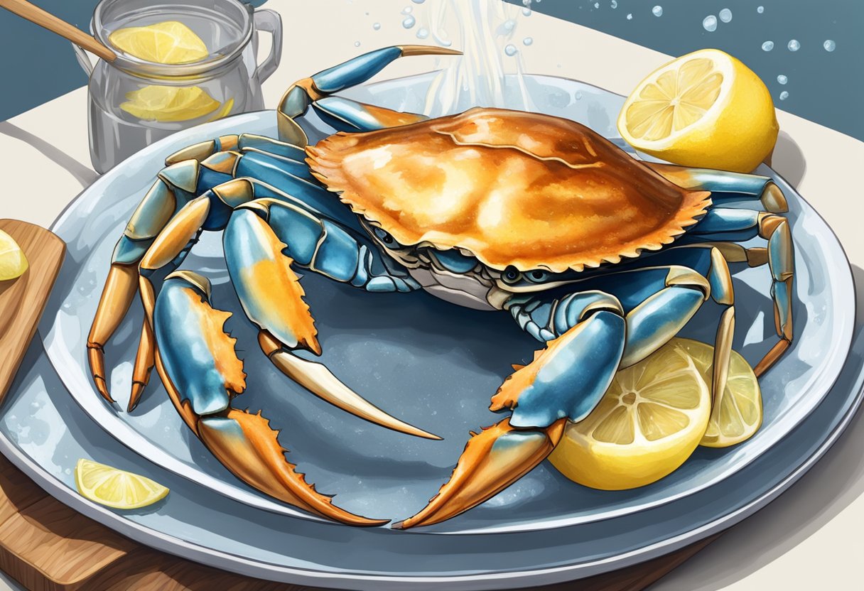 Blue crab being cooked in a pot of boiling water, then served on a platter with lemon wedges and melted butter