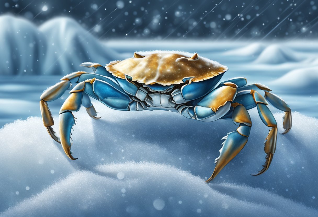 A frozen blue crab lies on a bed of ice, surrounded by frost. Its shell glistens in the light, and small icicles hang from its legs