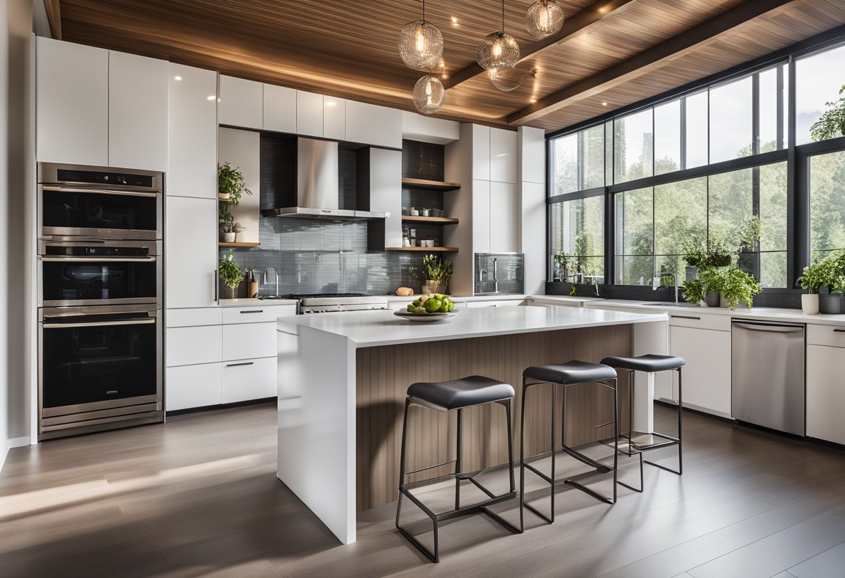 A spacious open kitchen with sleek, modern design. Large island with bar seating, stainless steel appliances, and natural light pouring in from large windows