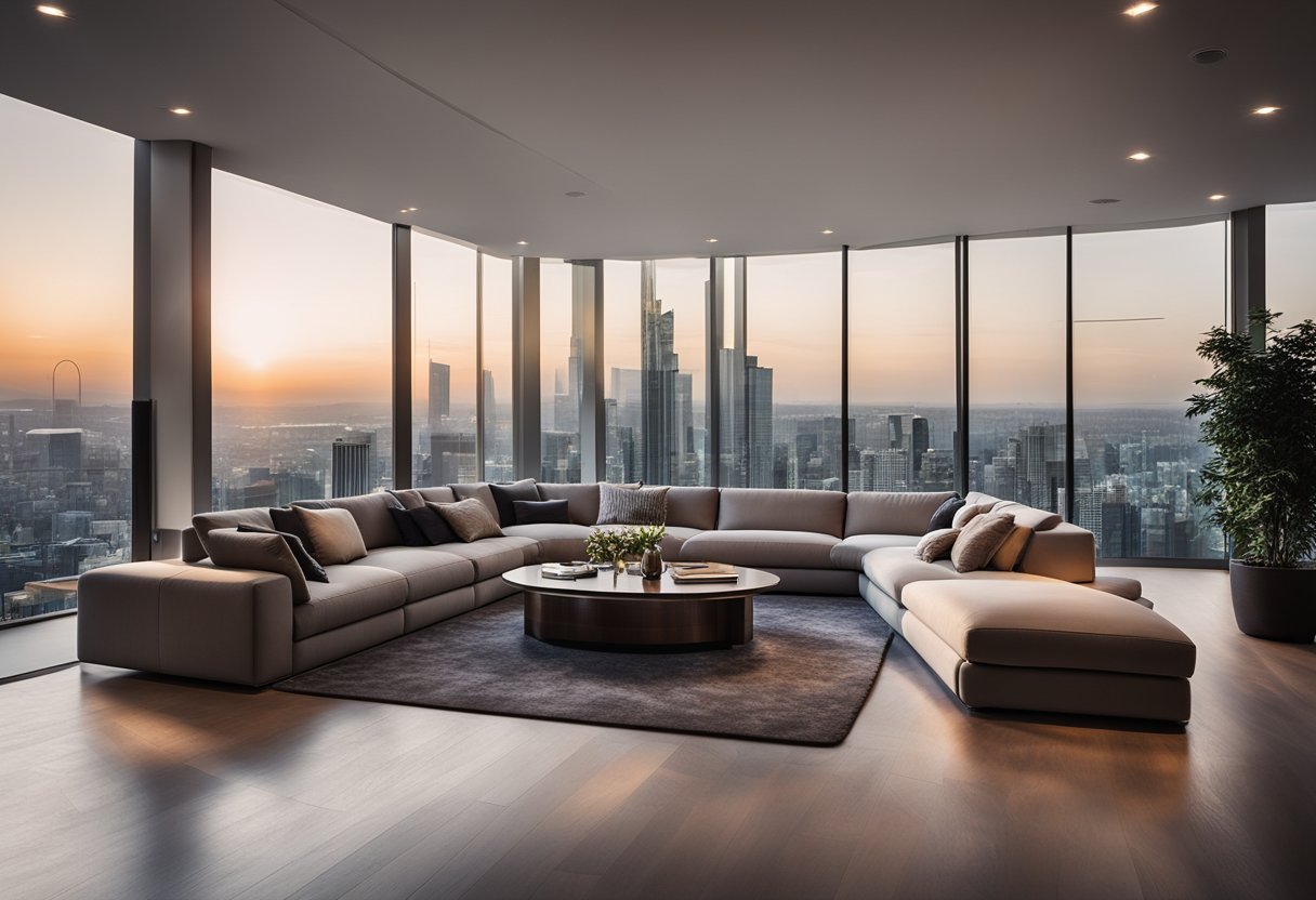 A modern living room with sleek furniture, soft ambient lighting, and a panoramic city view through floor-to-ceiling windows