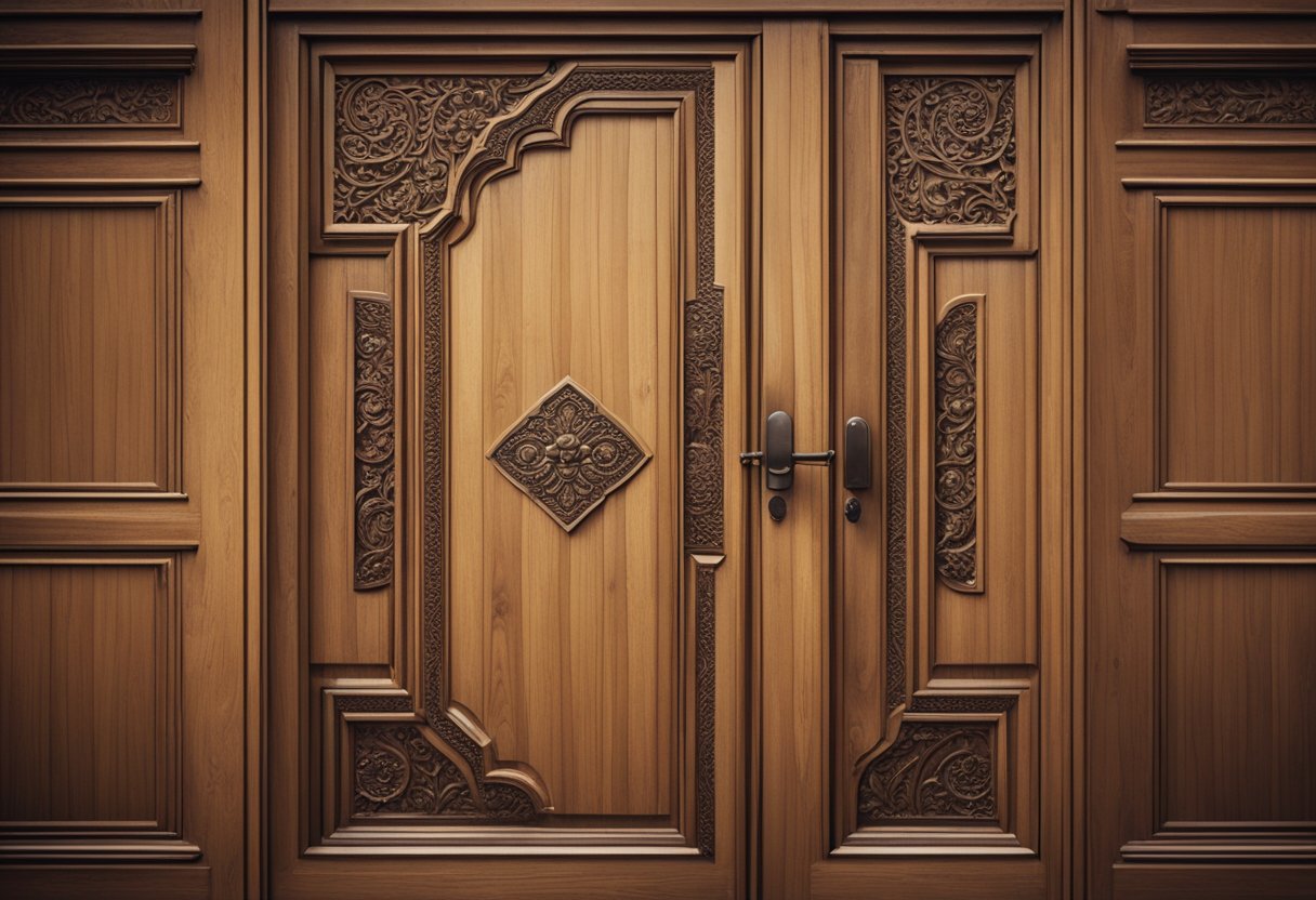 A wooden kitchen door with intricate designs stands ajar, revealing a warm and inviting interior