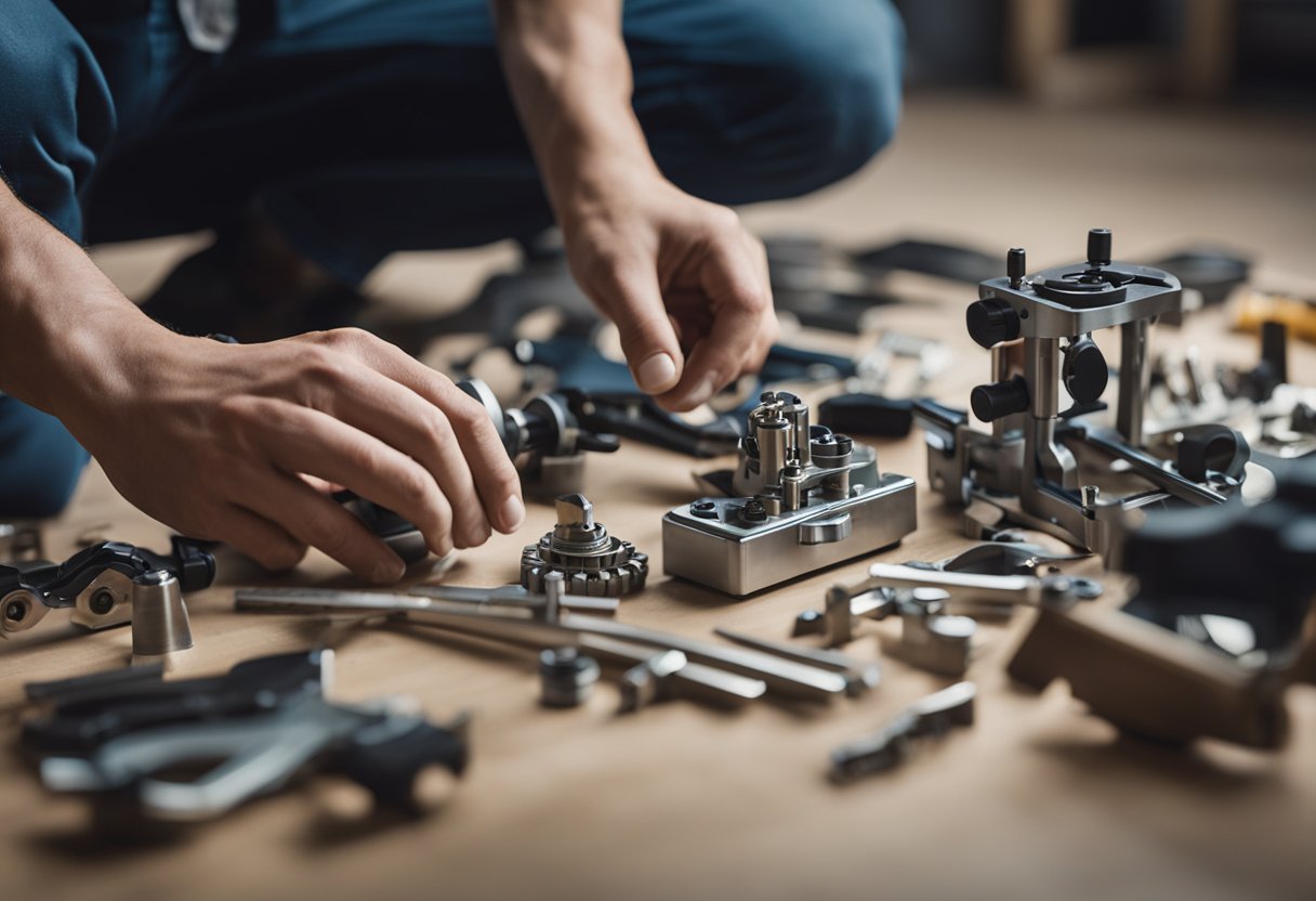 Tools and furniture parts scattered on the floor, instruction manual open, a person assembling a chair with focus and determination