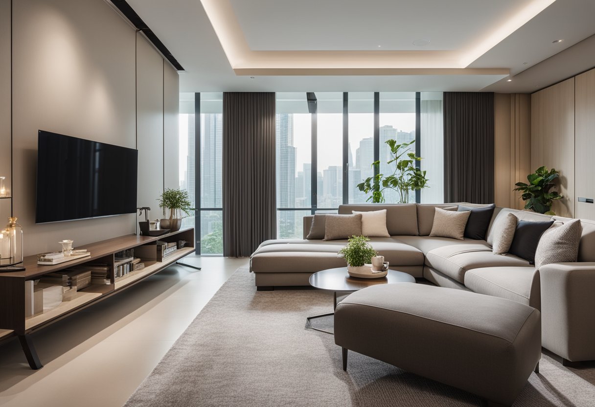 A modern living room with sleek, elegant furniture from Singapore. Clean lines, neutral colors, and natural light create a sophisticated and inviting atmosphere
