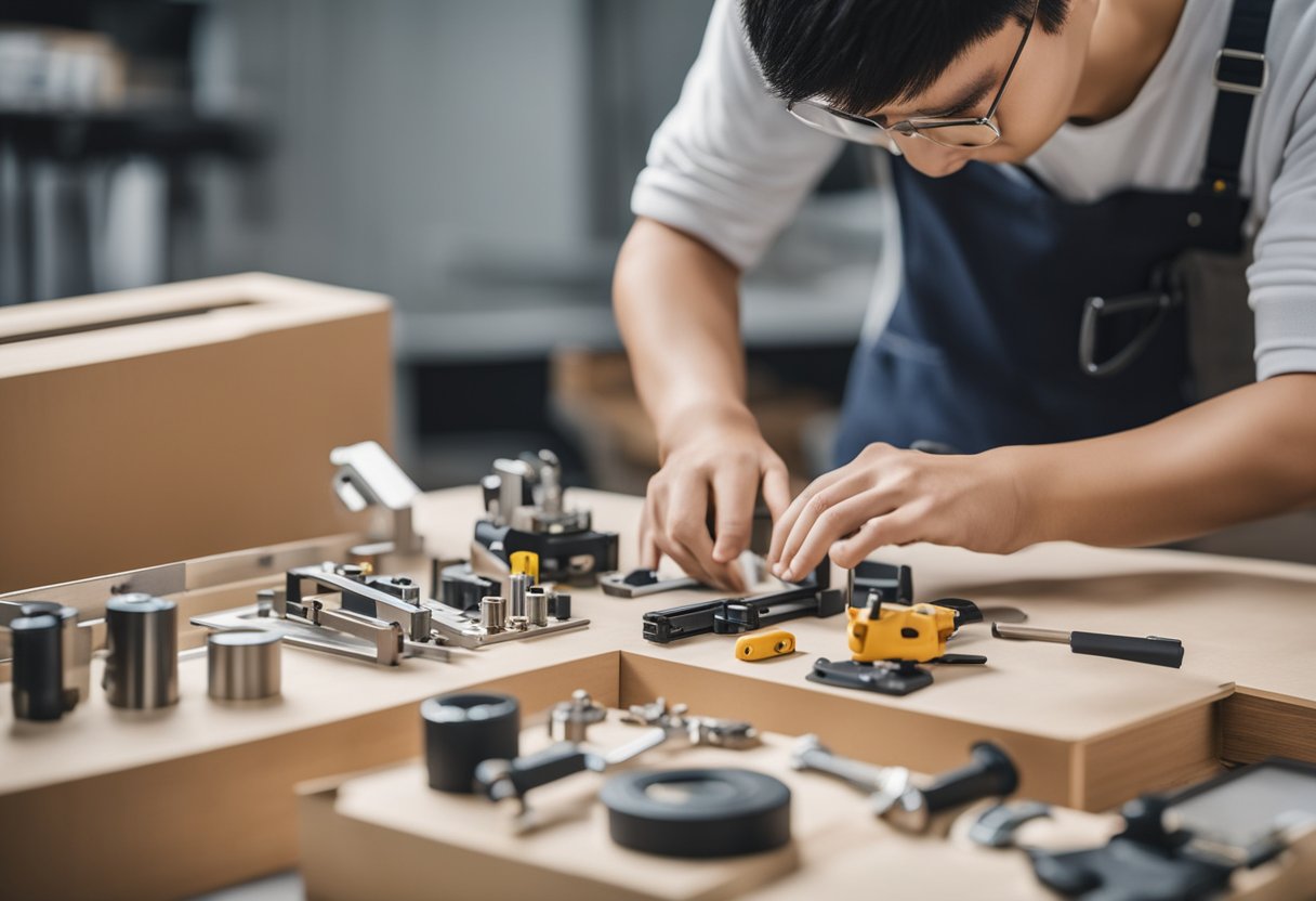 A person assembling furniture from Taobao in Singapore, surrounded by tools and instruction manuals