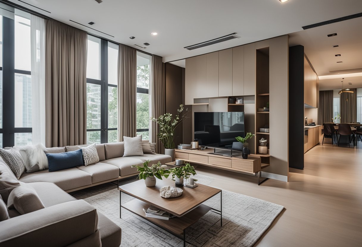 A cozy living room with modern, affordable furniture in Singapore. Clean lines, neutral colors, and functional pieces create a welcoming and stylish space