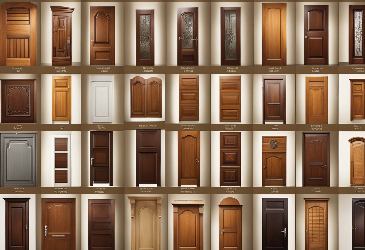 A variety of kitchen wood door styles are displayed on a wall, showcasing different designs and finishes