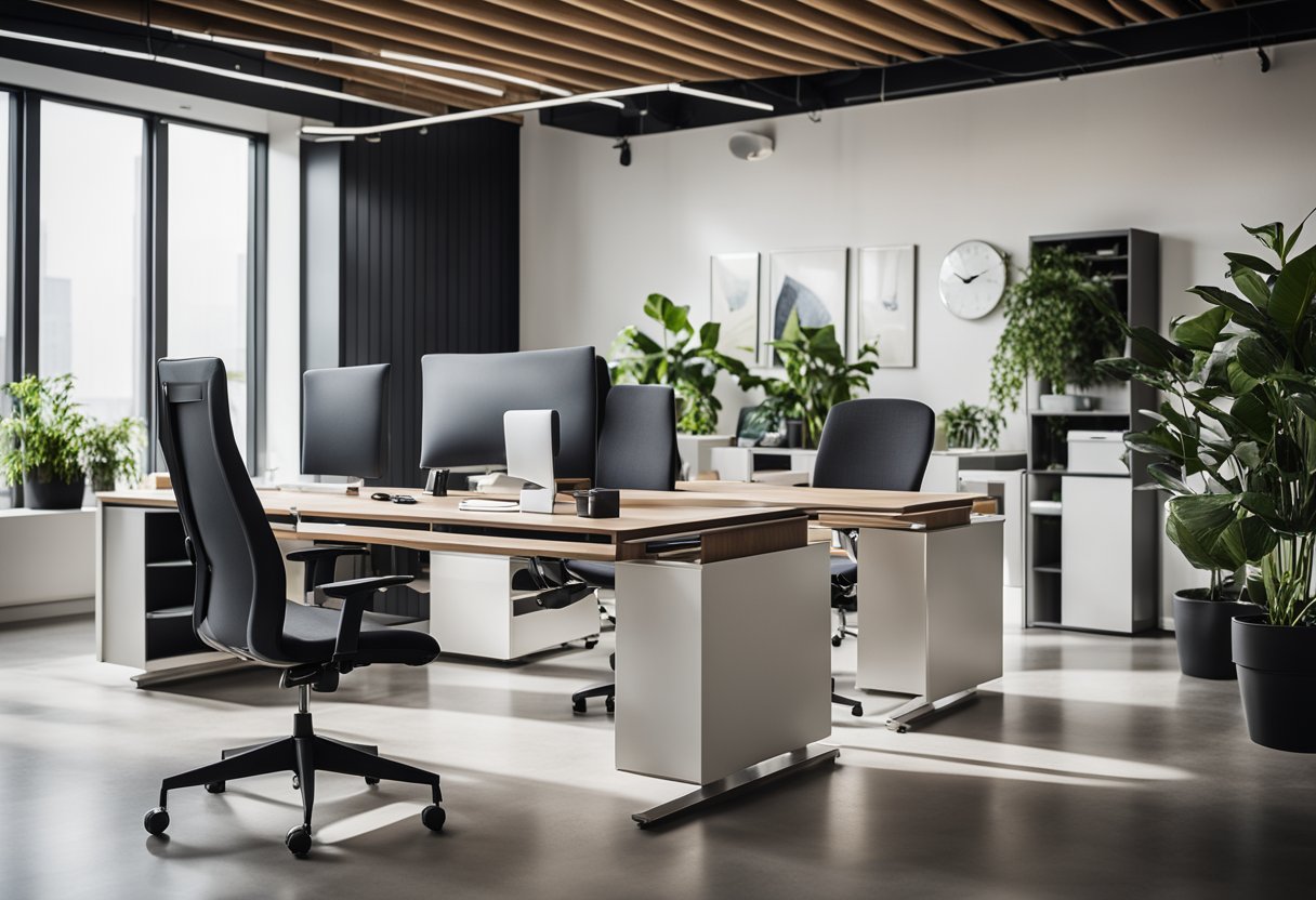 The modern office is furnished with sleek, minimalist furniture, including ergonomic chairs, glass desks, and modular storage units. The space is filled with natural light and adorned with abstract art and potted plants
