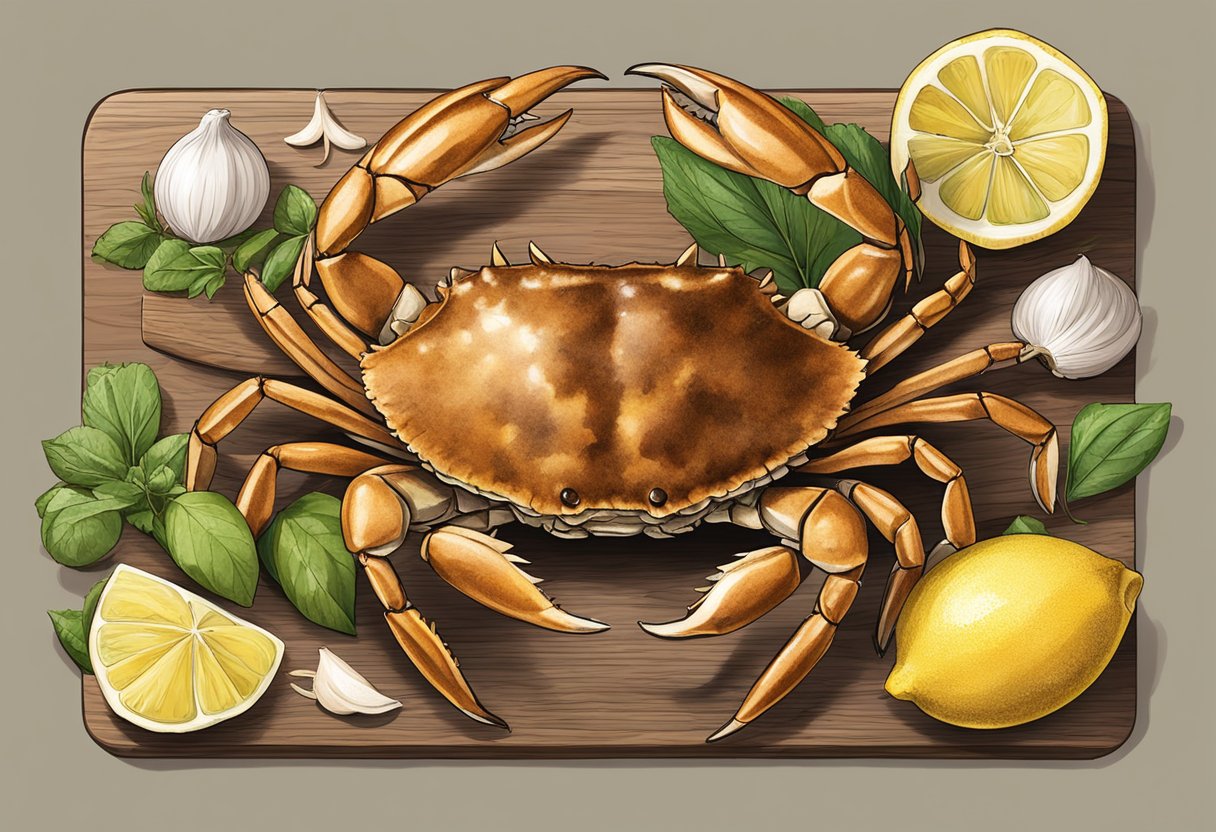 A live brown crab sits on a wooden cutting board surrounded by ingredients like lemon, garlic, and herbs, ready to be prepared for a recipe