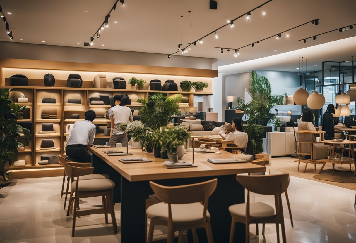 Customers browsing through a variety of affordable furniture options in a cozy showroom in Singapore