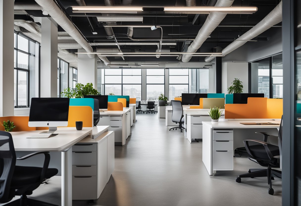 A sleek, open-concept office space with ergonomic furniture, natural lighting, and vibrant pops of color. The design promotes collaboration and productivity
