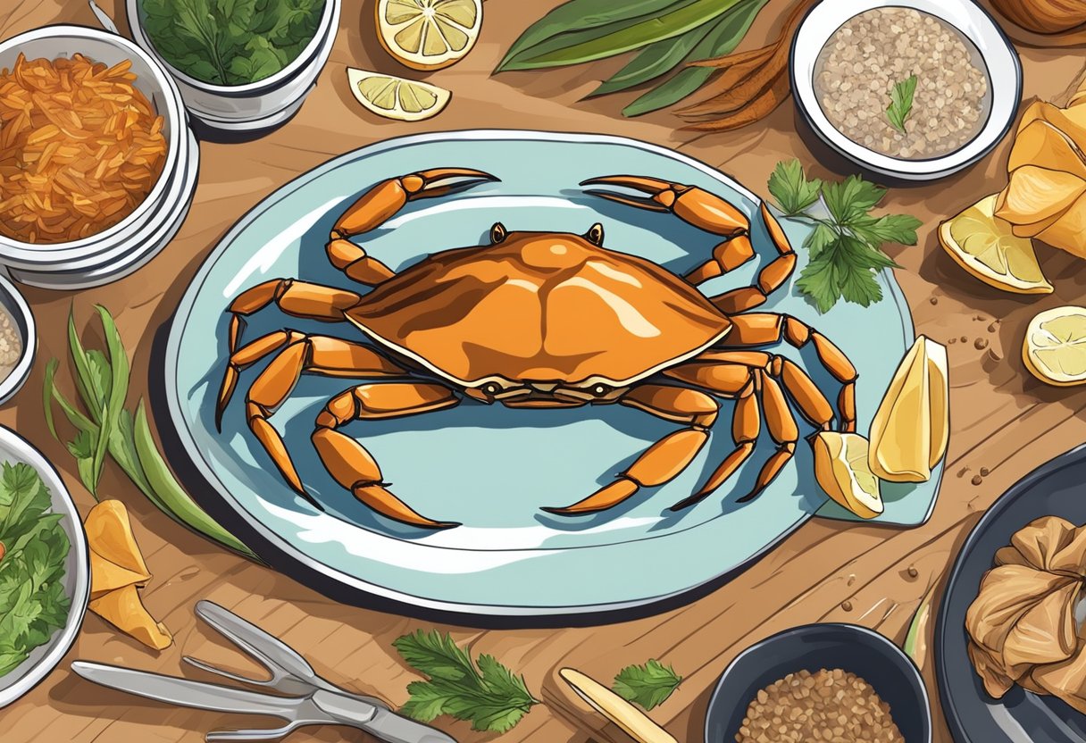 A hand reaches for a fresh brown crab on a cutting board, surrounded by ingredients and utensils for a recipe