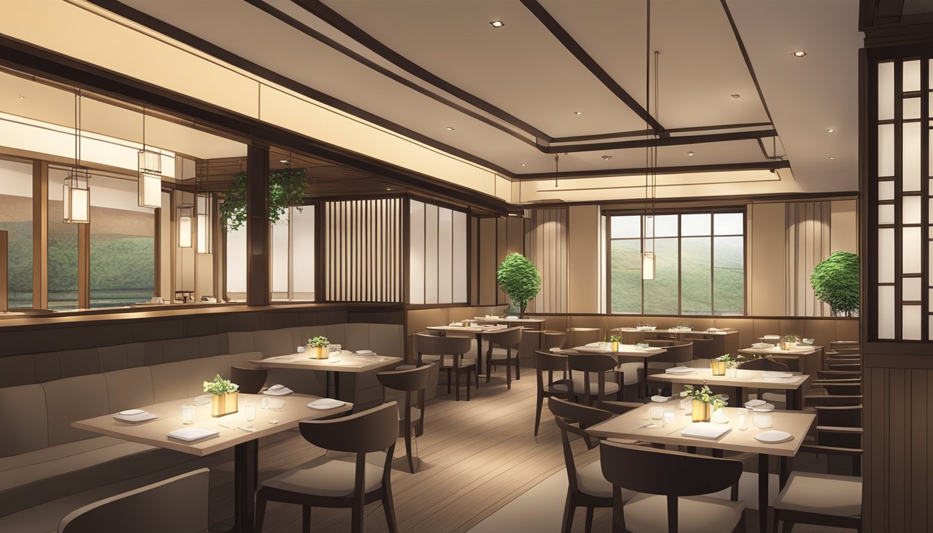 The elegant interior of Shoukouwa restaurant, with minimalist decor and soft lighting, creates a serene and sophisticated atmosphere