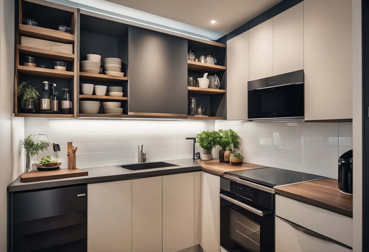 A compact kitchen with a foldable table, stackable chairs, and wall-mounted shelves for storage