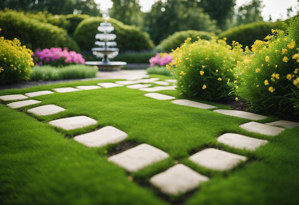 Lush green grass covers the yard, with freshly planted flowers and shrubs along the edges. A small fountain bubbles in the center, surrounded by neatly arranged stepping stones