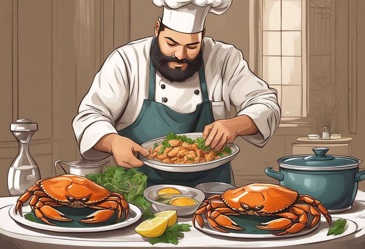 A chef prepares and serves a brown crab recipe, using fresh ingredients and traditional cooking methods