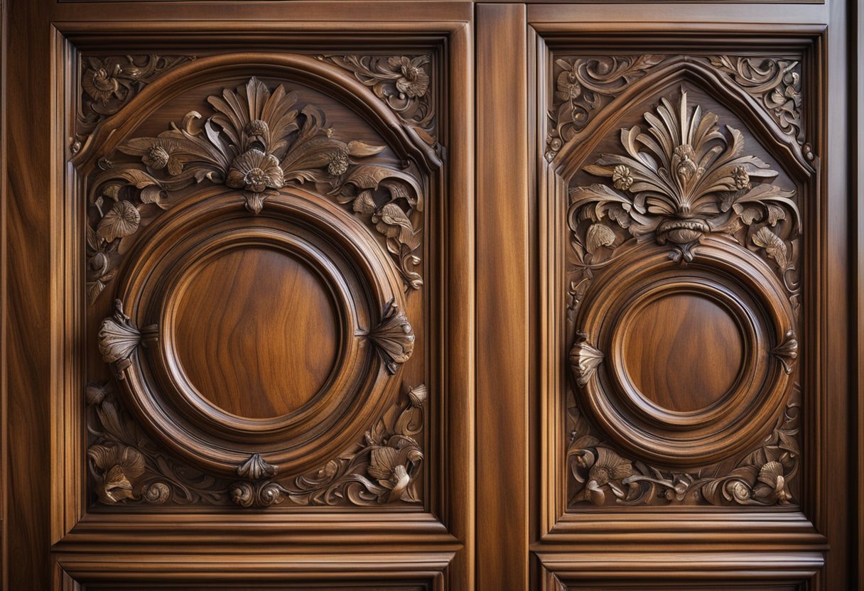 A kitchen door made of natural wood with intricate carving and ornate detailing. The design features include raised panels, decorative moldings, and elegant hardware