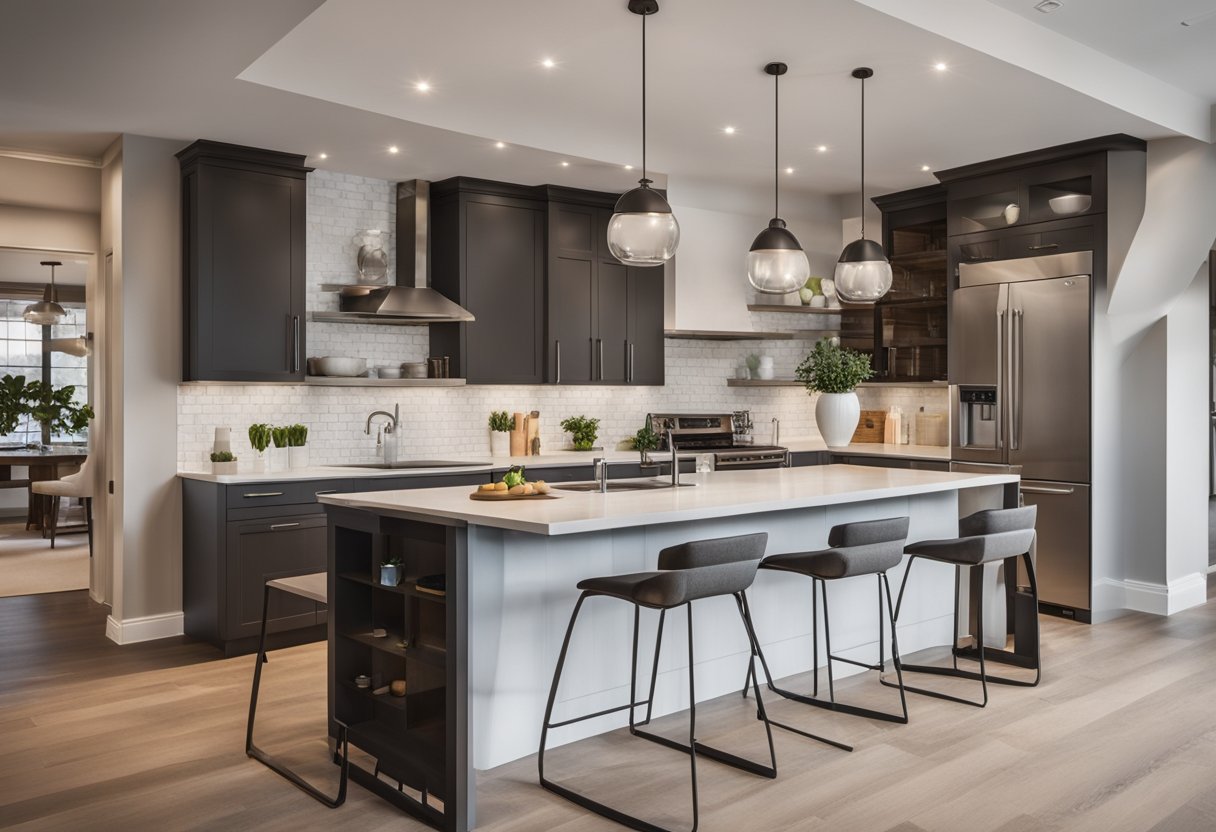 A spacious open kitchen with modern design features, including sleek countertops, ample storage, and a central island for cooking and entertaining