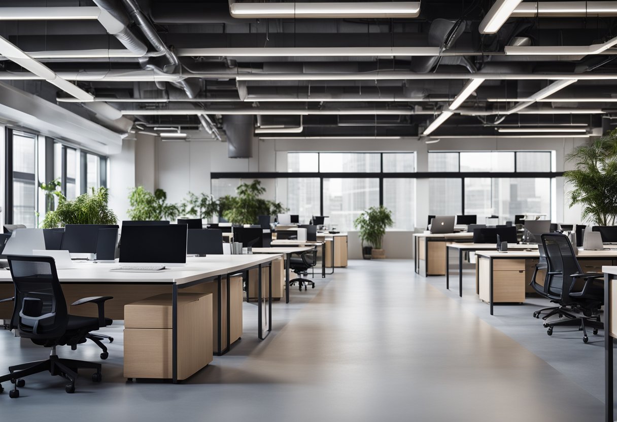 A sleek, open-plan office with minimalist desks, ergonomic chairs, and stylish lighting. The space features clean lines, neutral colors, and a mix of natural and industrial materials