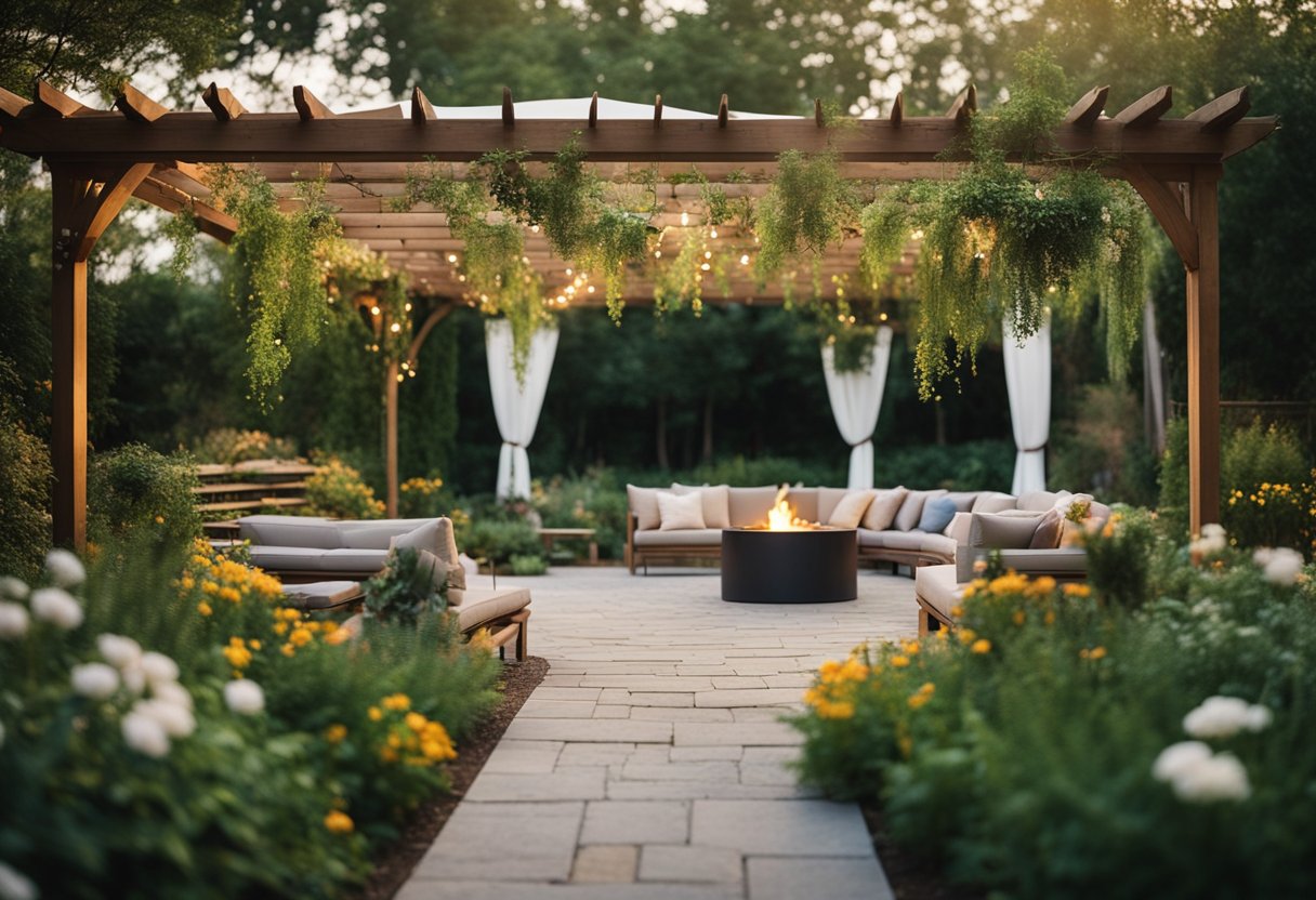 A blank canvas yard, with a mix of lush greenery, vibrant flowers, and a cozy seating area. A pergola or fire pit adds a touch of elegance, while a winding pathway creates a sense of exploration