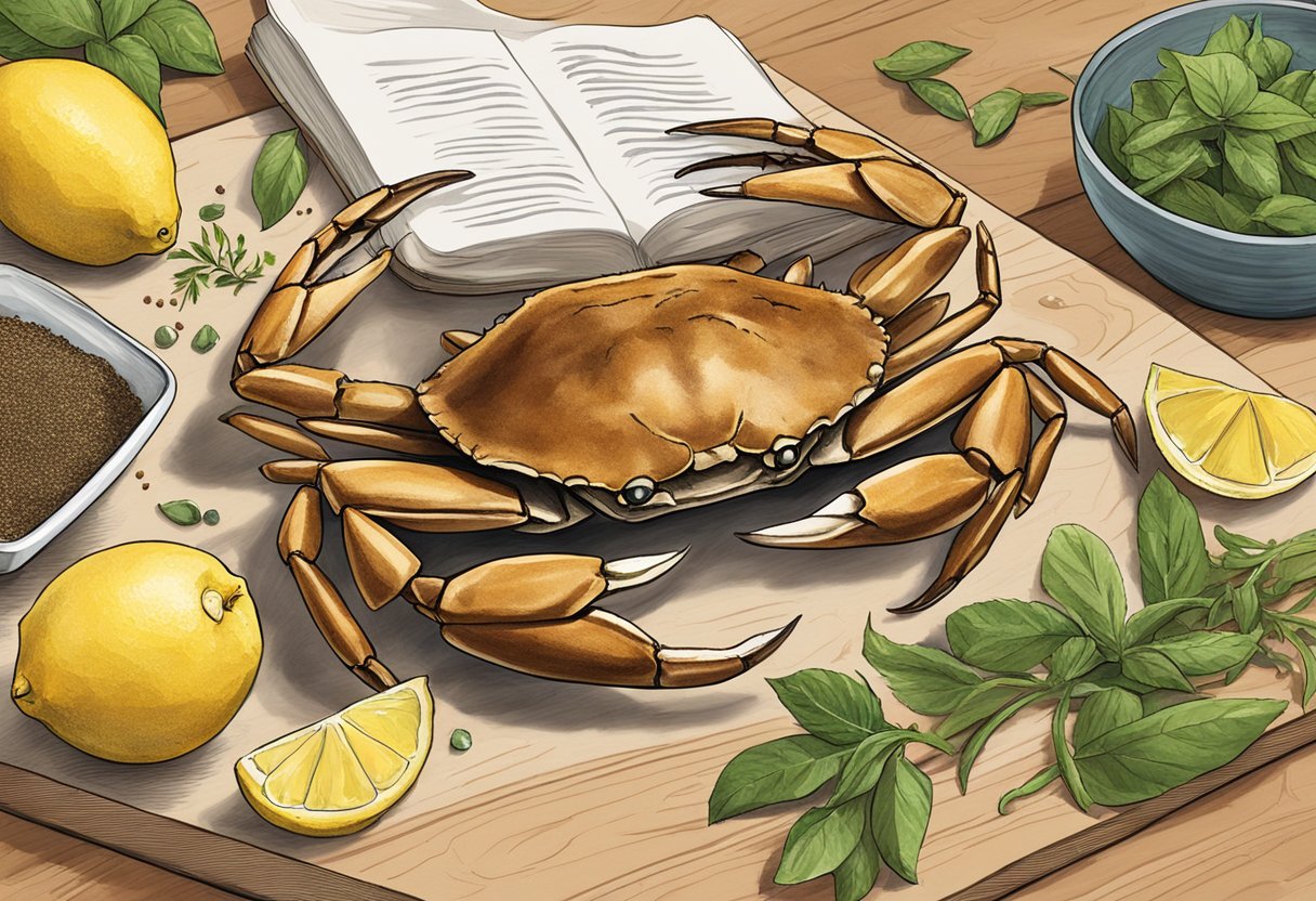 A brown crab sits on a wooden cutting board surrounded by ingredients like lemons, herbs, and spices. A recipe book titled "Frequently Asked Questions Brown Crab Recipe" is open next to it