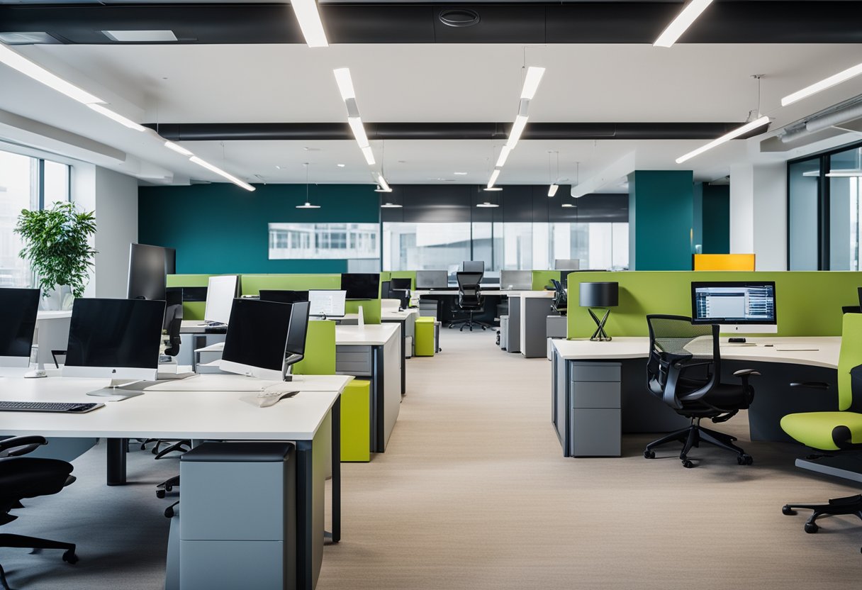 A sleek, open-plan office with contemporary furniture and vibrant pops of color. Clean lines, ergonomic chairs, and collaborative workspaces create a modern and inviting atmosphere