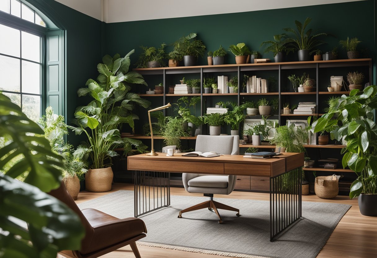 A spacious home office with a large wooden desk, cozy reading nook, and abundant natural light from a large window. The room is adorned with stylish decor and vibrant green plants, creating a serene and inspiring work environment