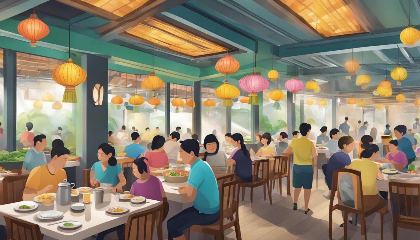 A bustling Bukit Batok restaurant with colorful decor and steaming plates of food being served to eager patrons