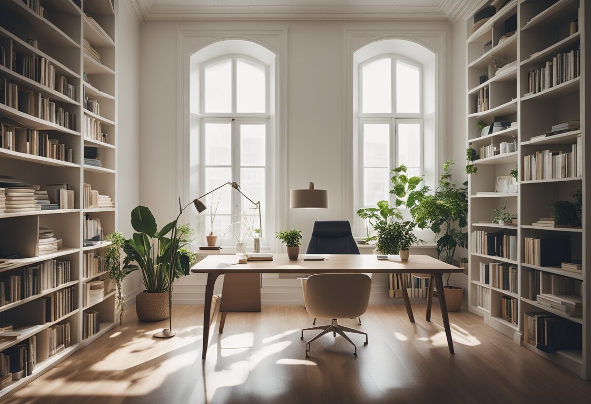 A spacious, well-lit room with a large desk, ergonomic chair, bookshelves, and plants. A window provides natural light, while soft colors and minimalist decor create a serene work environment