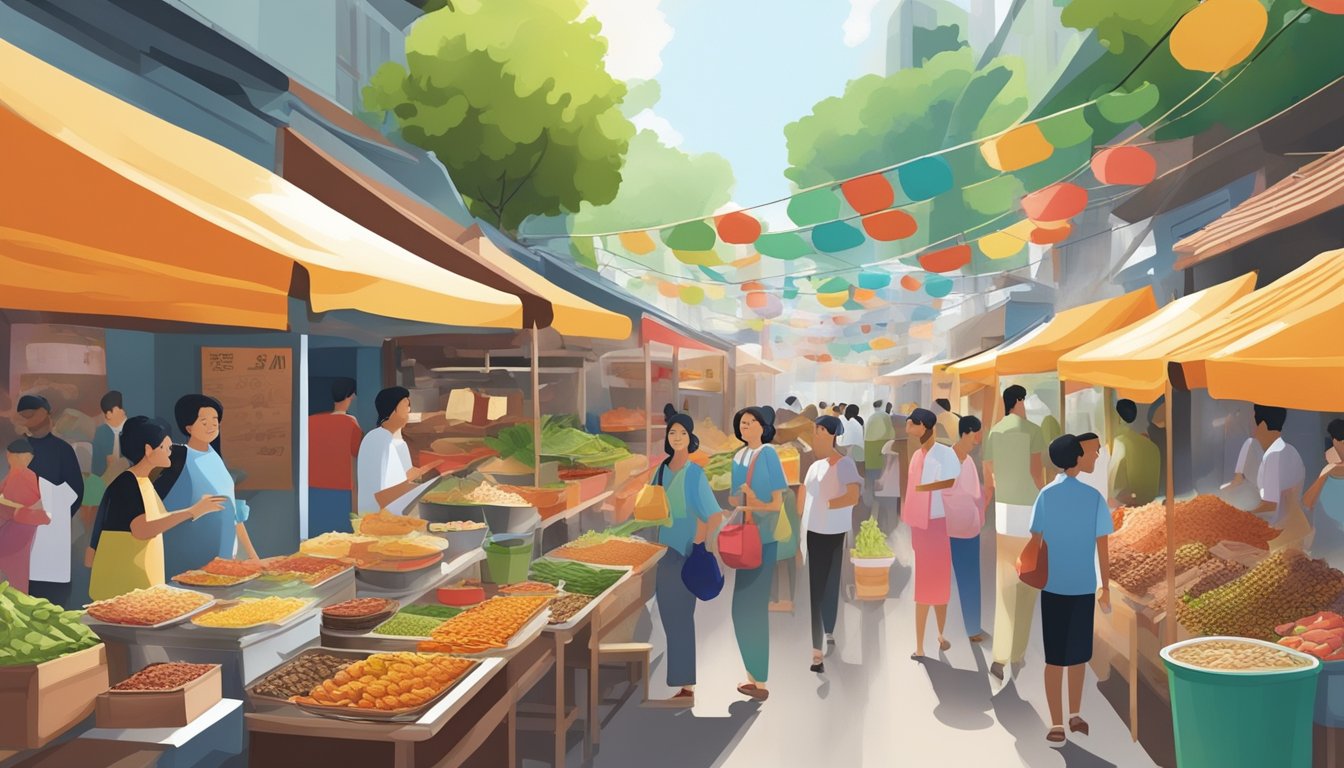 A bustling street market with colorful food stalls, showcasing a variety of global cuisines in Bukit Batok. The aroma of sizzling meats and aromatic spices fills the air, while patrons sample dishes from around the world