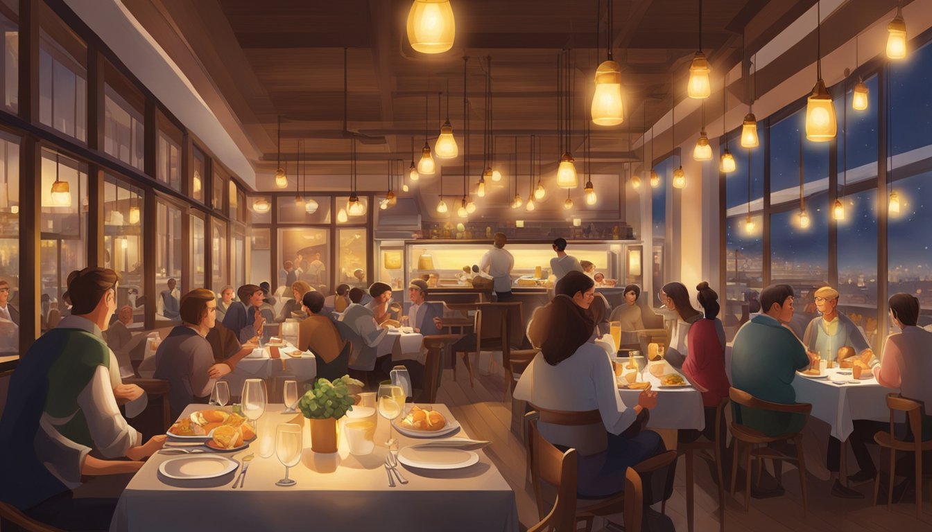 The bustling restaurant is filled with diners enjoying their meals. The warm, inviting atmosphere is accentuated by the soft glow of the hanging lights and the aroma of delicious food wafting through the air