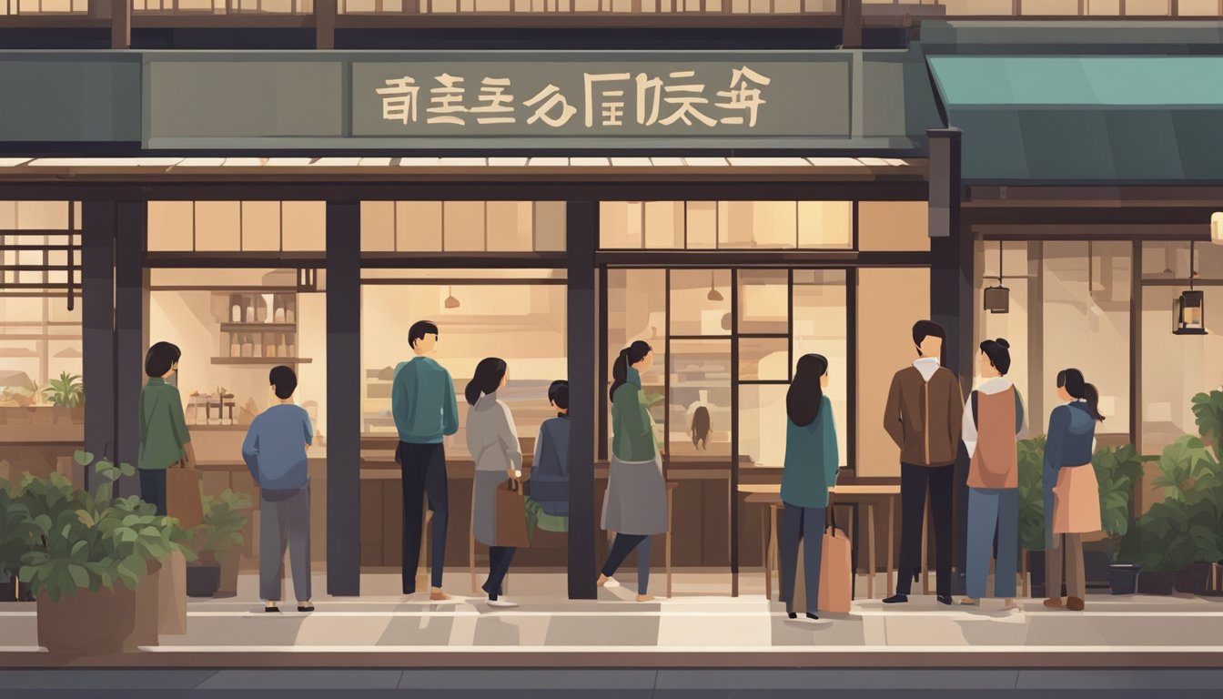 Customers lining up outside a modern Japanese restaurant. A sign with "Frequently Asked Questions" is visible. The interior shows a cozy and stylish ambiance