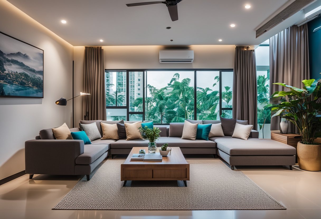 A cozy living room with modern, budget-friendly furniture in Singapore. Bright lighting and clean lines create a welcoming atmosphere