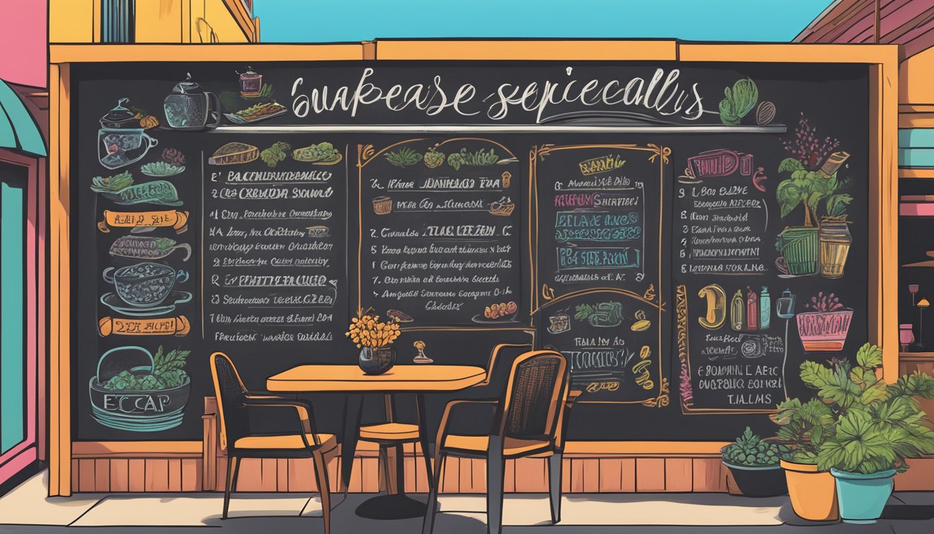 A chalkboard sign outside Escape Restaurant displays the day's specials in colorful, hand-drawn lettering
