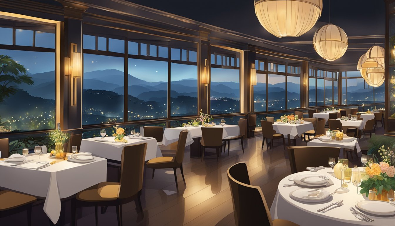 A bustling restaurant with elegant decor, dim lighting, and a panoramic view of Bukit Batok. Tables are set with fine linens and sparkling glassware, while the aroma of sizzling dishes fills the air