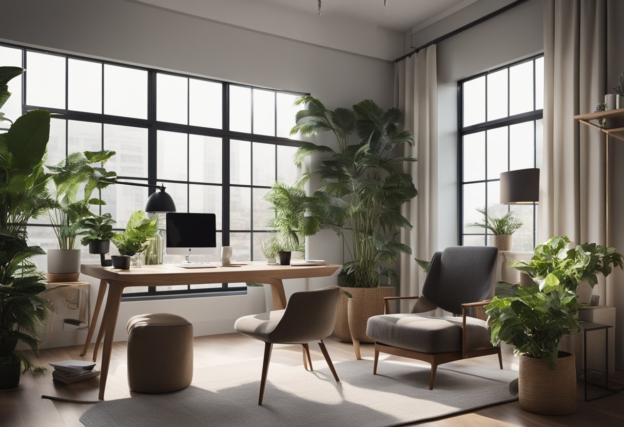 A sleek, modern desk sits against a backdrop of floor-to-ceiling windows, adorned with potted plants and minimalist decor. A cozy reading nook with a comfortable armchair and a soft throw blanket completes the inviting home office space