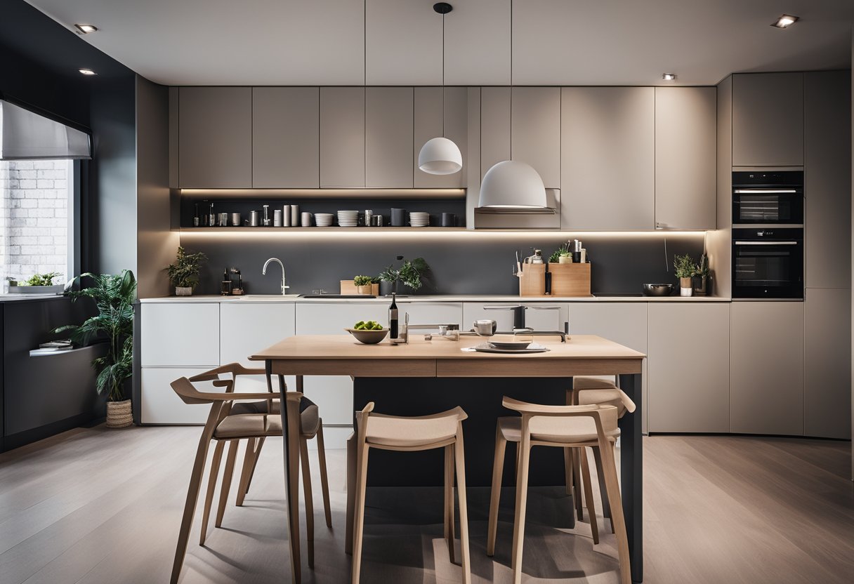 A small kitchen with minimalist furniture, utilizing space-saving designs like foldable tables and stackable chairs. Neutral colors and sleek lines create a modern aesthetic