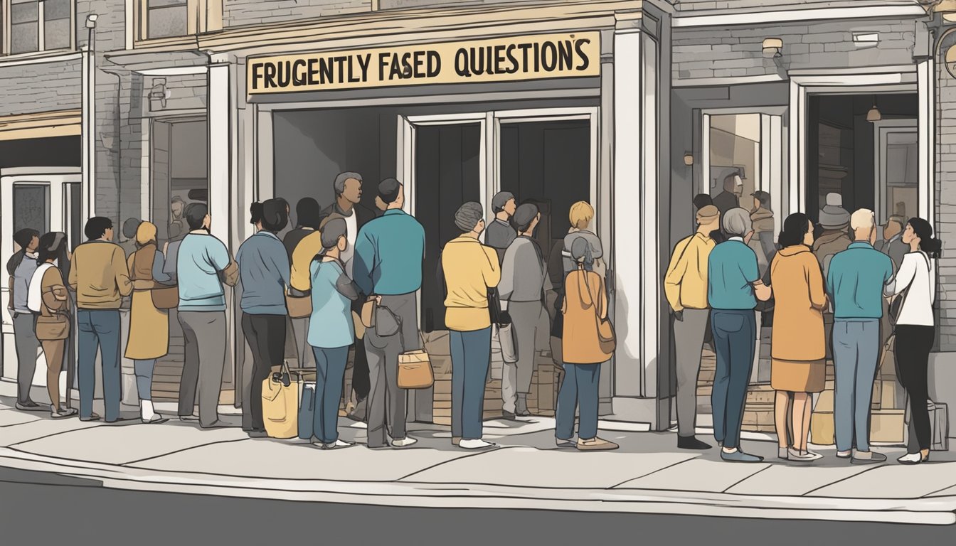 Customers line up at the entrance of a busy restaurant. A sign reads "Frequently Asked Questions" as people wait to be seated