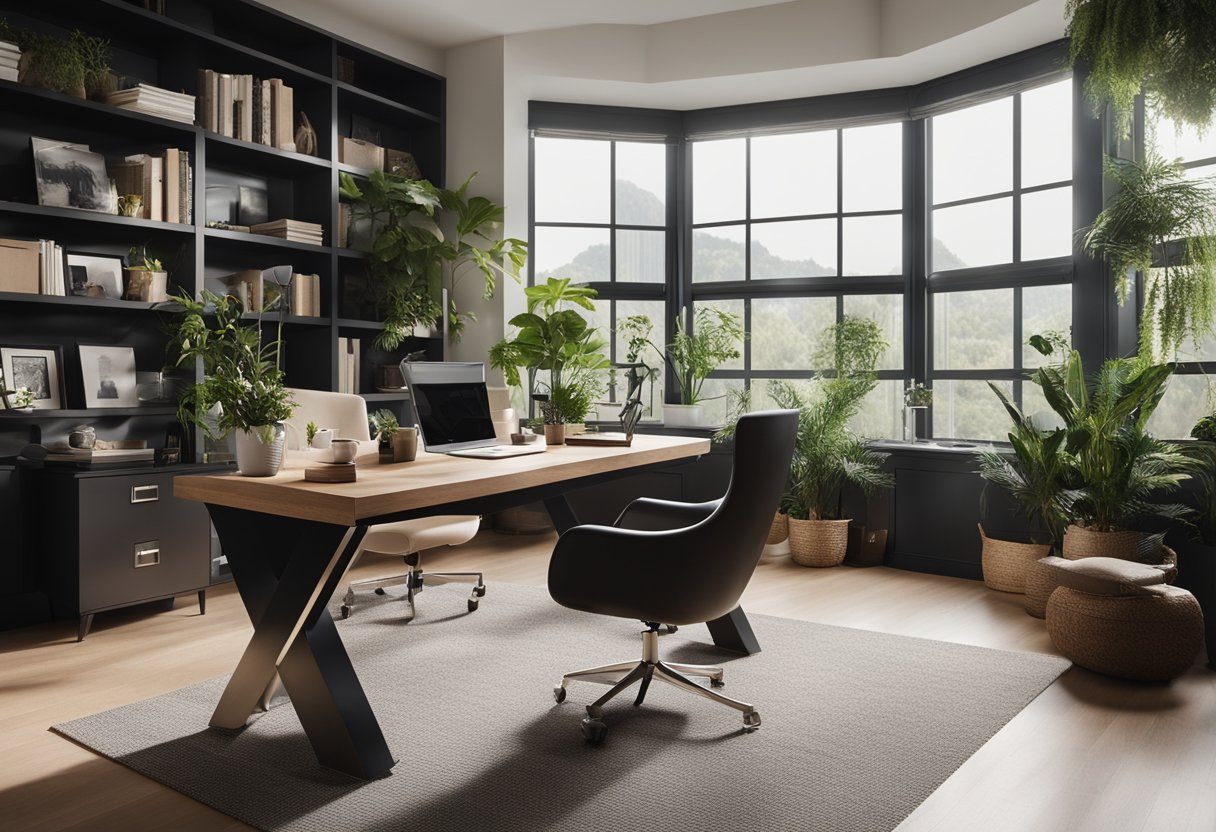 A spacious home office with modern furniture, large windows, and a cozy reading nook. A sleek desk with a computer, potted plants, and a stylish bookshelf complete the inviting workspace