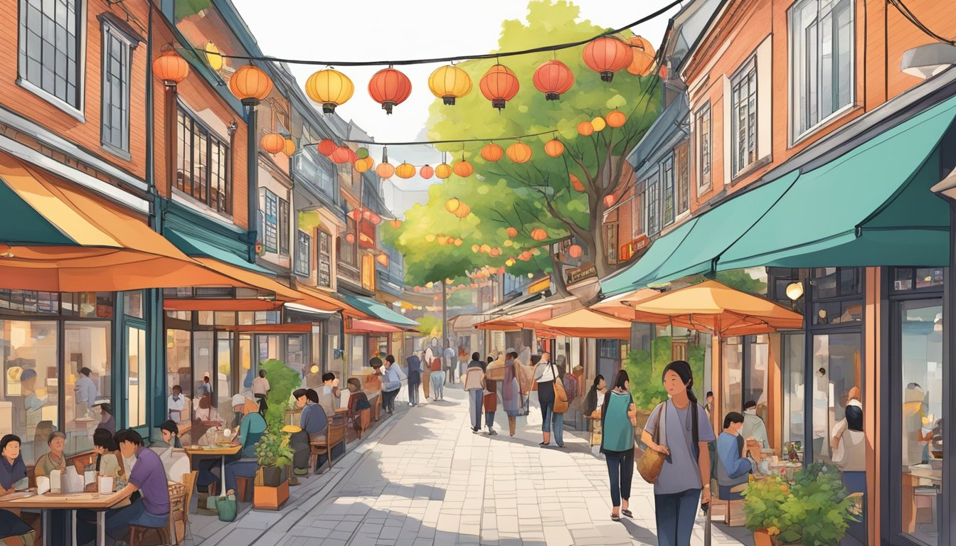 A bustling street with colorful Japanese restaurants in Holland Village. Traditional lanterns hang outside, and people enjoy dining al fresco