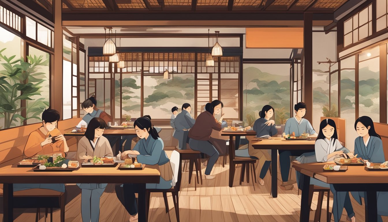Customers enjoying traditional Japanese cuisine in a cozy Holland Village restaurant. Sushi, sashimi, and tempura dishes are beautifully presented on wooden tables