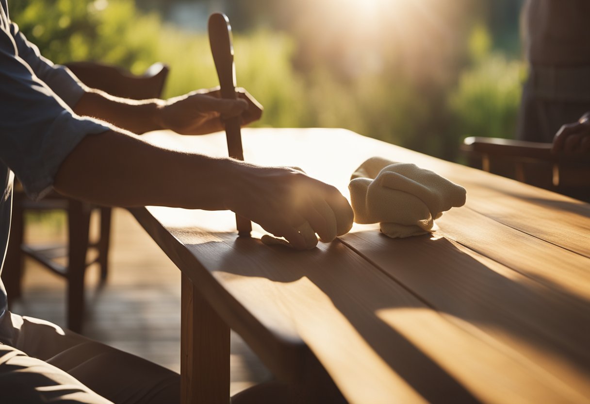 A person carefully oils a timber dining table, while another gently cleans a wooden chair with a soft cloth. The room is filled with the warm glow of the afternoon sun, highlighting the natural beauty of the timber furniture