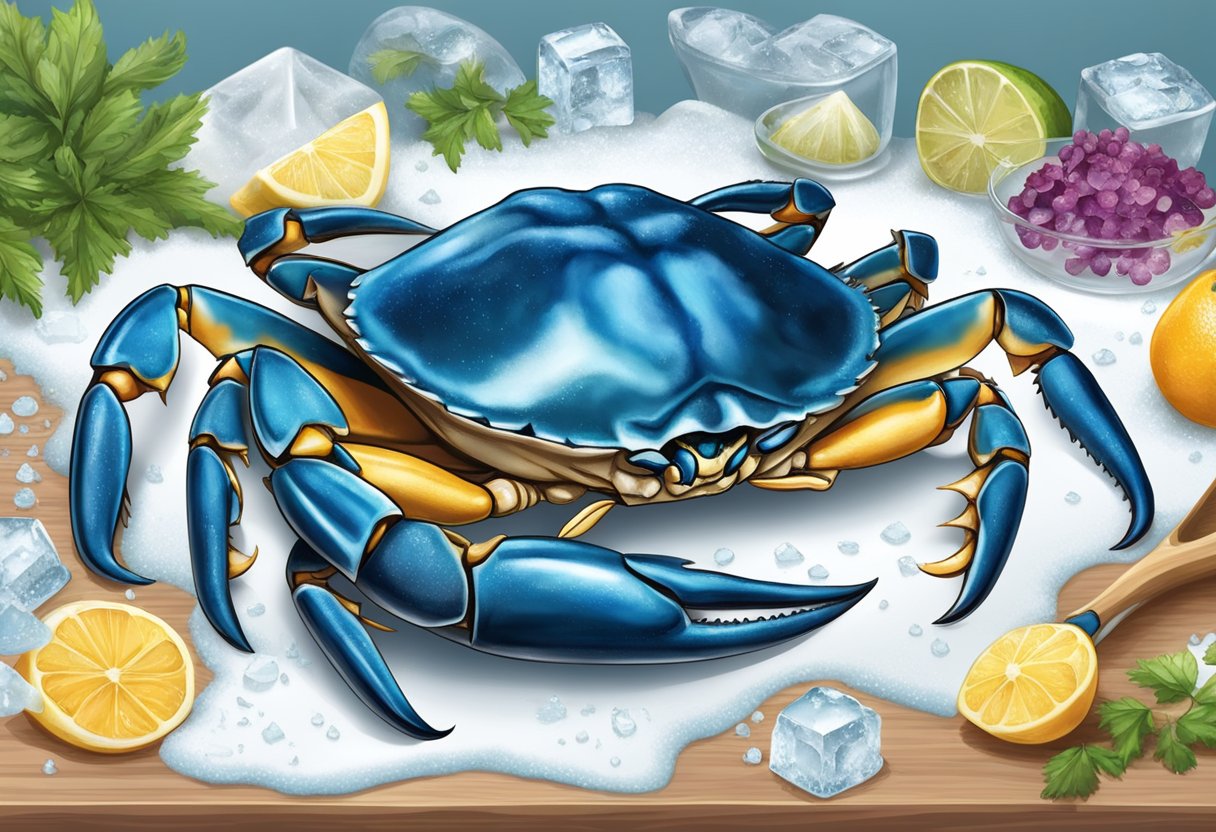 A blue crab is being prepared for a frozen recipe, surrounded by ice and ingredients