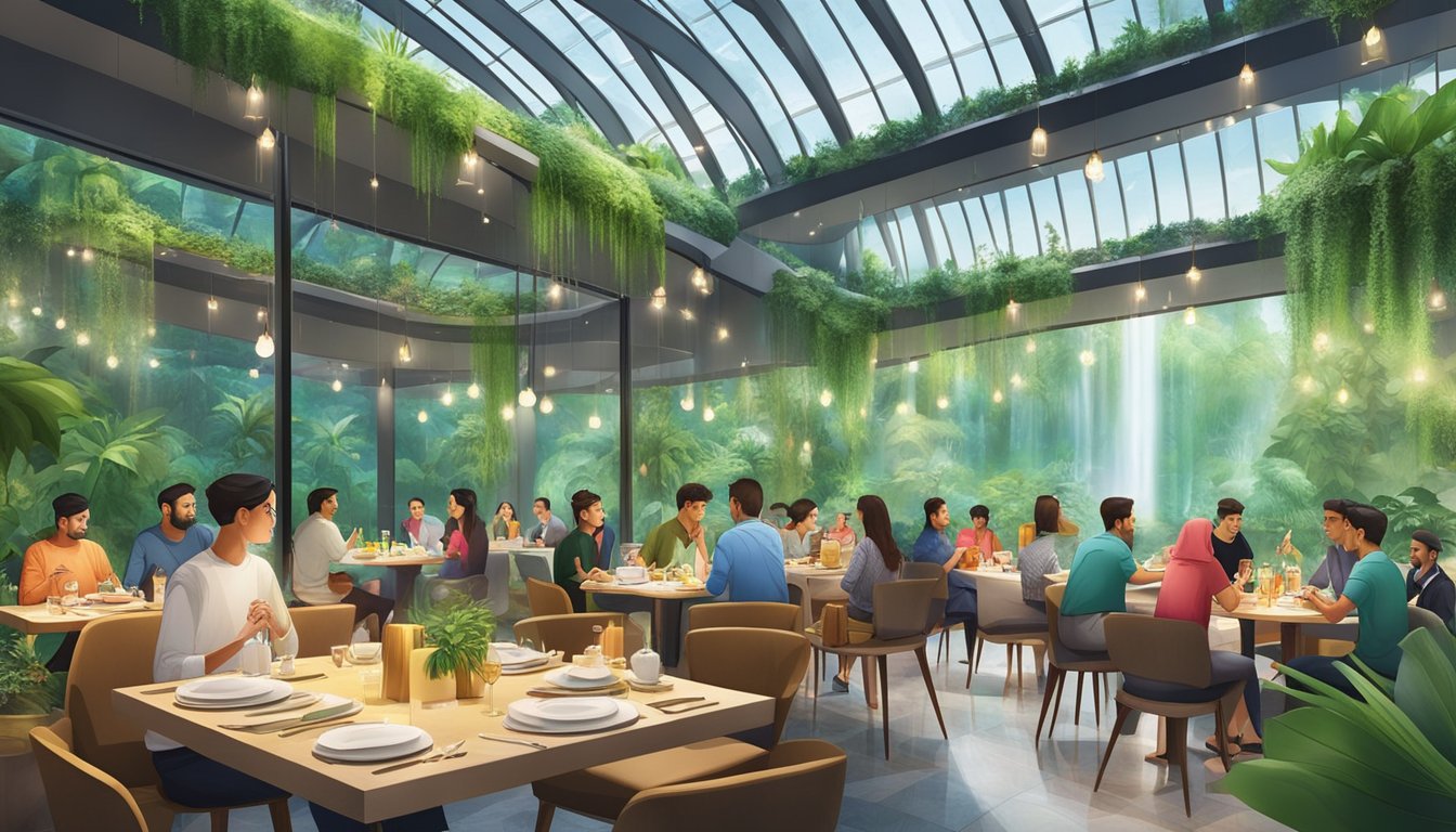 Customers dining at a vibrant halal restaurant in Jewel Changi Airport, surrounded by lush greenery and a stunning indoor waterfall