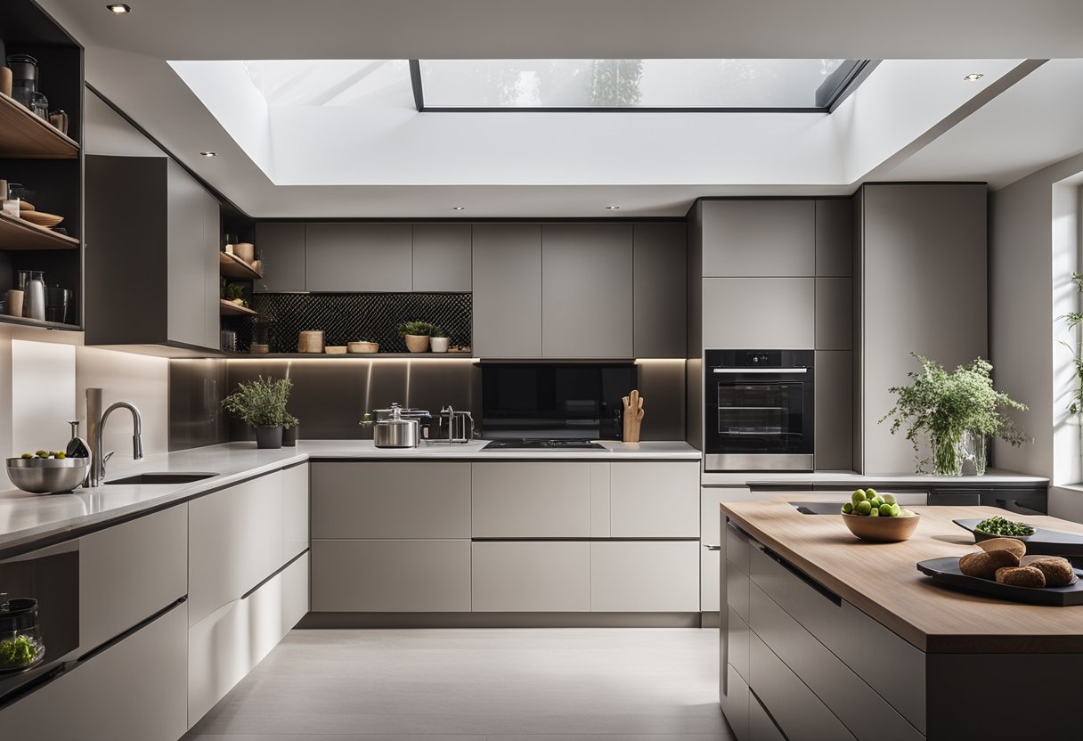 A sleek, modern kitchen with clean lines, integrated appliances, and a neutral color palette. The space features hidden storage solutions and a minimalist aesthetic